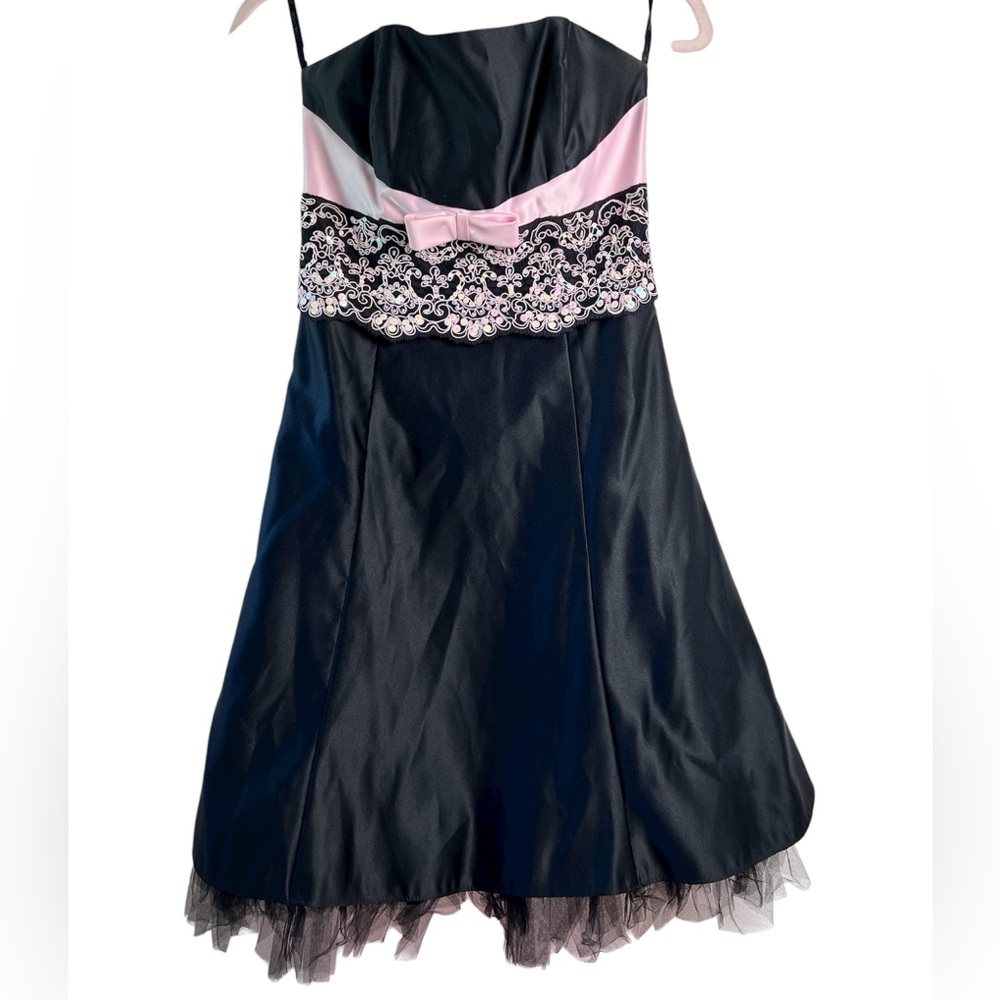 Vintage Gunne Sax Jessica McClintock Black Prom Mini Dress Ribbon Goth Retro Y2K